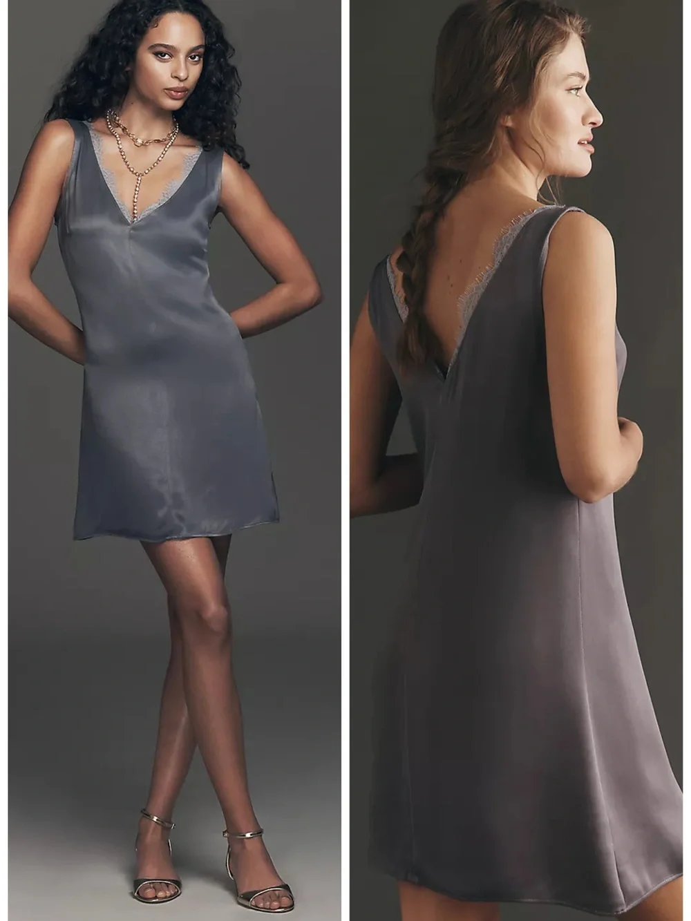 Anthropologie Sleeveless Lace-Trim Mini Slip Dress in Charcoal Gray XS Satin
